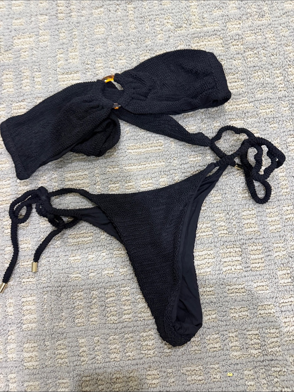 Monday Swimwear Black Textured Bandeau Tie Bikini